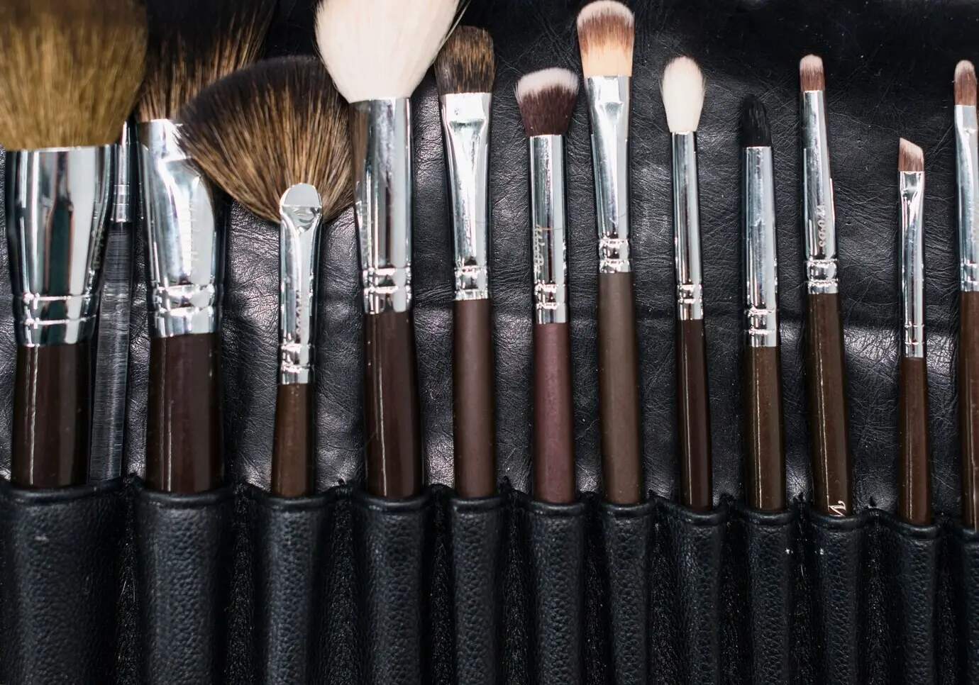 Set of makeup brushes in a case